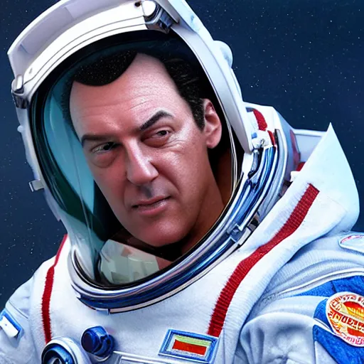 Image similar to STEVEN SEGAL ASTRONAUT MOVIE SCREENSHOT 8K RAY TRACING, SOLARIZATION, BLOOM FX, AMBIENT OCCLUSION EXAGGERATED OCTANE AND REDSHIFT RENDER
