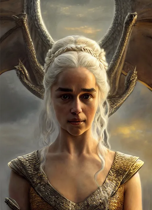 Image similar to cinematic portrait painting daenerys targaryen in fantastic dress aside dragon, royally decorated crystal gemstones incrustations, medium shot, clear symmetrical face enhancement, by lawrence alma - tadema, jaime jones, greg rutkowski, volumetric lights, deviantart contest winner, artstation, fantasy art, highly detailed, golden ratio, smooth, sharp focus