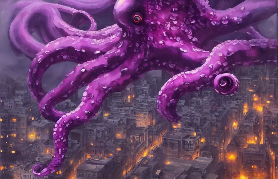 Image similar to aerial!!!! view looking down on a giant purple octopus monster moving through!!! buildings in a dark, dim, detailed city, extremely detailed!!! oil painting, dull palette, dramatic lighting, trending on artstation