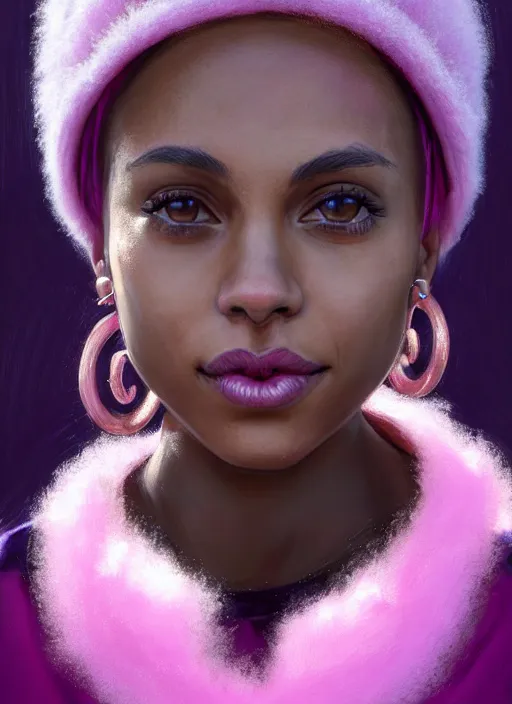 Prompt: portrait of vanessa morgan, black teenage girl, pink hair, wavy pixie haircut, purple newsboy cap, fluffy pink hair coming out from under cap, hoop earrings, subtle confident smile, intricate, elegant, glowing lights, highly detailed, digital painting, artstation, concept art, sharp focus, illustration, art by wlop, mars ravelo and greg rutkowski