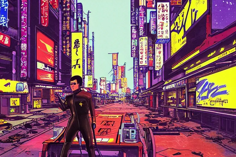 Prompt: cart driving down neo - tokyo outskirts. art in the style of vincent di fate's cyberpunk 2 0 2 0.