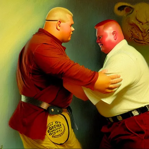 Image similar to bobby hill taking back his purse from the self defense instructor, dojo background, painting by gaston bussiere, craig mullins, j. c. leyendecker