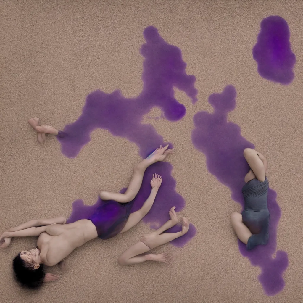 Image similar to overhead view of iridiscent oil spill in desert sand tempest with women corpses connected by cables and computers to wax forms to a buried baby relaxing on yoga mat, faded, purple gradient, dust, purple fog, depth of field, by werner herzog, hans bellmer and nadav kander, 8 k, sad atmosphere, cinematic