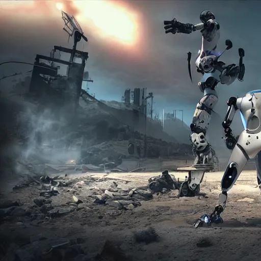 Image similar to xbox robot vs playstation robot, post apocalyptic, hd, unreal engine, cinematic