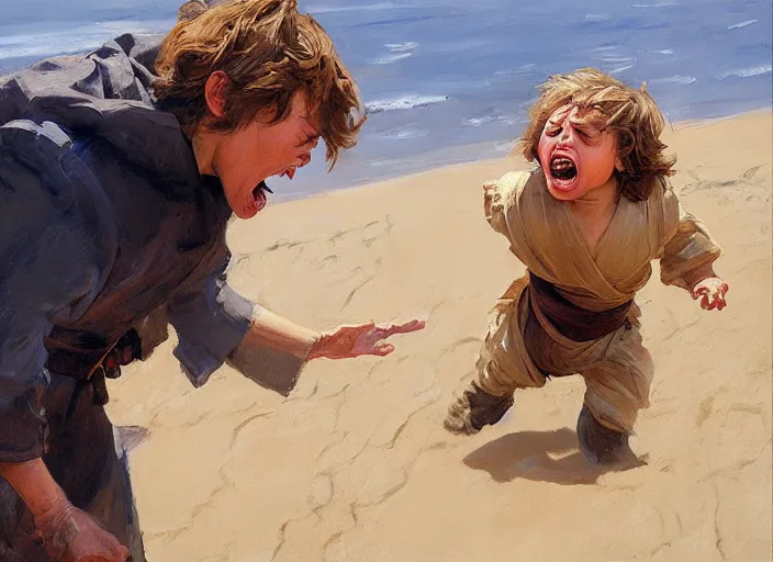 Prompt: a highly detailed beautiful portrait of anakin skywalker screaming and crying at sand, by gregory manchess, james gurney, james jean