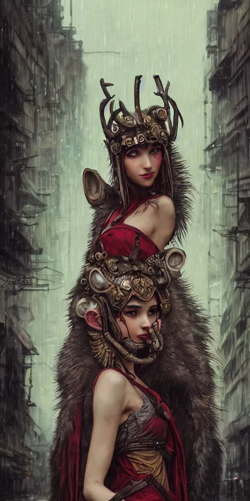 Image similar to hyper realistic Princess Mononoke, ornate mask, wet market street, rainy cyberpunk metropolis, full body pose, wolves, style of tom bagshaw, mucha, james gurney, norman rockwell, denoised, sharp