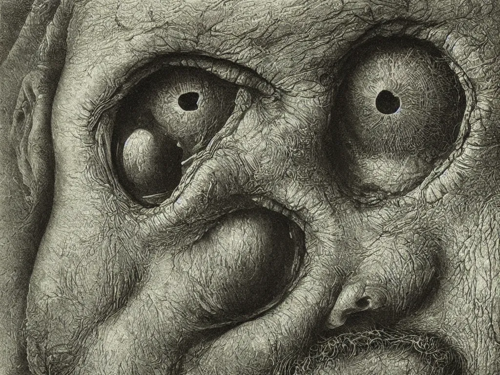 Prompt: Close up view of the eyes of an old man. Painting by Beksinski, Walton Ford, Ernst Haeckel