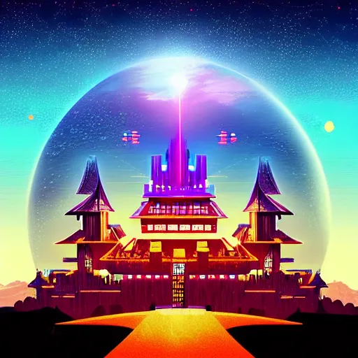 Prompt: Satoshi's futuristic castle, synthwave, space background, very beautiful, photo realistic