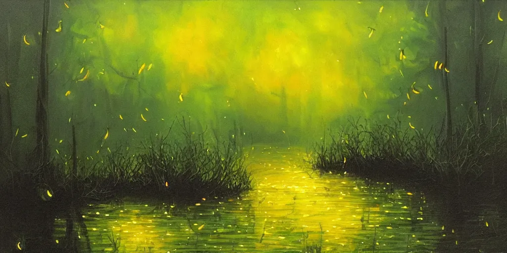 Prompt: painting of fireflies in a murky swamp