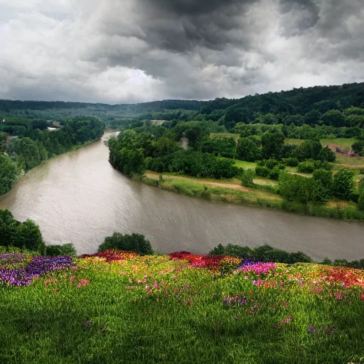 Prompt: dordogne typical landscape, hills in the background, summer, river, ultra detailed, ultra sharp, award winning. 8 k, flowers, trees, rick sanchez, thunderstorm and rain, very dark clouds. heavy rain, rick sanchez in foreground, octane render.