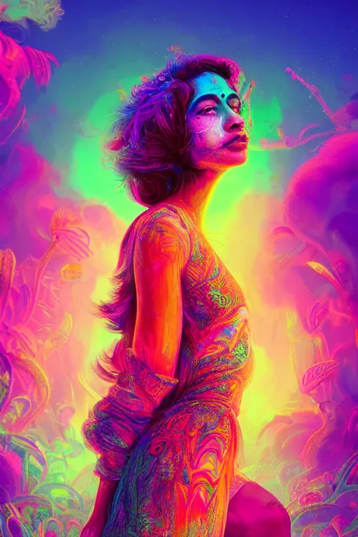 Image similar to a beautiful indian girl engulfed in colorful liquid smoke and neon clouds, a colorful psychedelic experience, dmt, lsd, face, highly detailed, artstation, concept art, matte, sharp focus, illustration, digital art by hana yata, and artem demura and beeple, lisa frank, octane render, unreal engine, 8 k