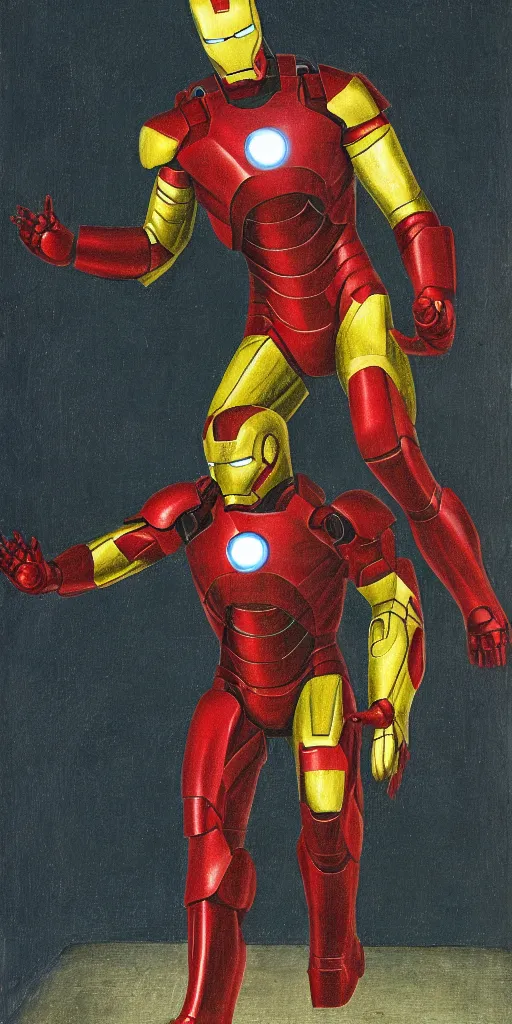 Image similar to iron man by hieronymus bosch, highly detailed, realistic, abstract background, action pose