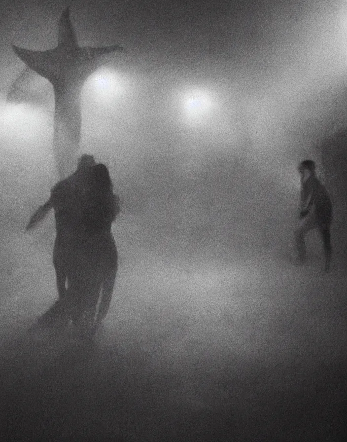 Image similar to very low - resolution found footage of a couple escaping in the city from a starfish kaiju monster, fog, foggy, korean film noir, monochrome, red hue, thriller, underdeveloped, epic, dramatic