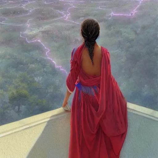 Prompt: a young girl standing on top of an impossibly tall wall, looking down at what is on the other side. she wears a shirt and trousers and a very long red scarf around her neck that trails down a long way. beautiful fantasy painting by artgerm and greg rutkowski