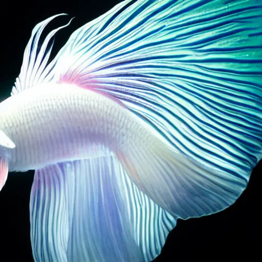 Prompt: a graceful iridescent white betta fish with long swirling fins, black-water-background, by national-geographic