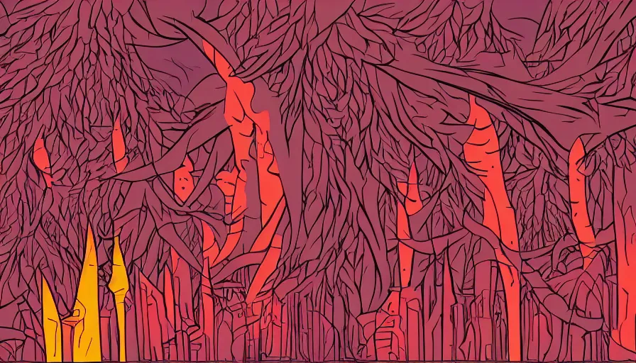Image similar to alien ruins between gigantic red trees, colorful, vector style drawing