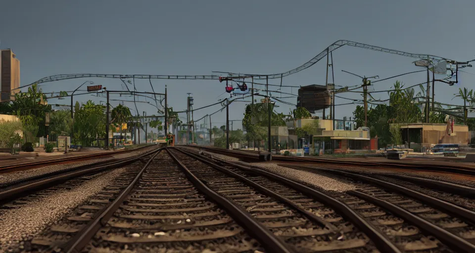 Image similar to CJ missing the train in Grand Theft Auto San Andreas and falling off his dirtbike onto the train tracks, 3D video game, octane render, depth of field, unreal engine 5, full of color, trending on artstation, ultra high detail, ultra realistic, cinematic, focused, 8k