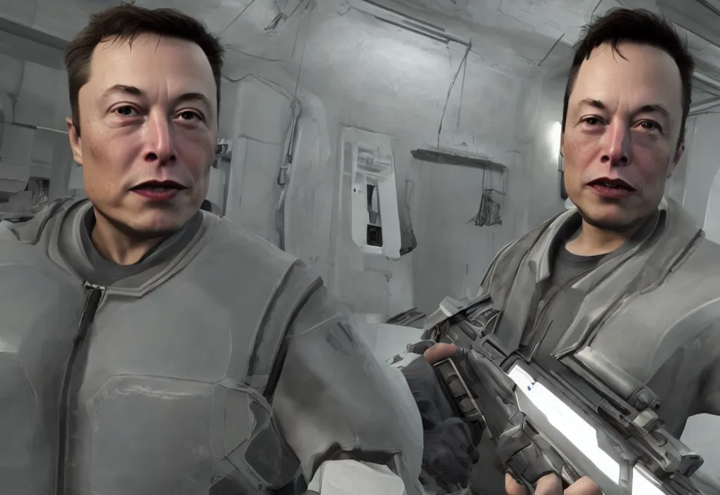 Image similar to elon musk in half life, elon musk in the video game half life, gameplay screenshot, close up, 3 d rendering. unreal engine. amazing likeness. very detailed.