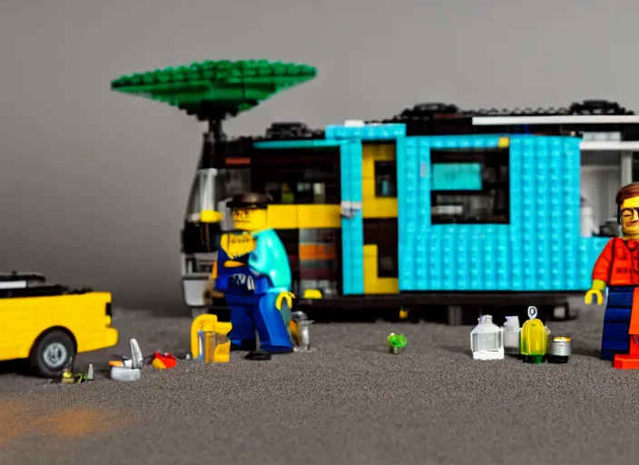 Prompt: product photo still of walter white breaking bad winnebago lego playset, 8 k, 1 2 0 mm macro, f 1. 8, studio lighting, key light