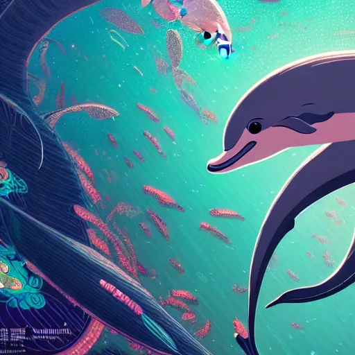 Image similar to a beautiful hyperdetailed character design 4 k wallpaper illustration of a cute dolphin, victo ngai cyberpunk style, from china, style of studio ghibli, makoto shinkai, raphael lacoste, louis comfort tiffany, artgerm, james jean, ross tran, chinese style