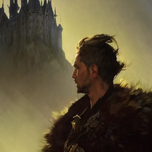 Prompt: closeup portrait of a dungeons and dragons character, dramatic lighting, castle background, gorgeous view, realistic, high detail, depth of field, lightrays, atmospheric, digital art, painted by greg rutkowski, painted by jeremy mann, painted by alphonse mucha, trending on artstation