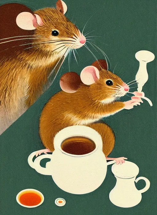 Image similar to an extreme close - up portrait of a mouse family drinking tea, samovar, by billy childish, thick visible brush strokes, shadowy landscape painting in the background by beal gifford, vintage postcard illustration, minimalist cover art by mitchell hooks