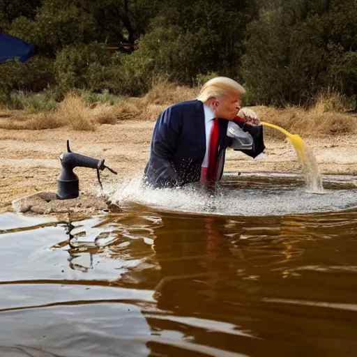 Image similar to national geographic professional photo of trump drinking from a watering hole, award winning