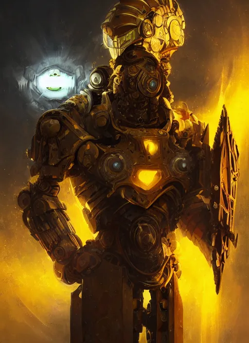 Image similar to dynamic abstract portrait of a intricate glorious holy mechanical warforged character in yellow armor holding a paladin engraved great longsword drawn and carrying a big paladin shield, beam glowing eye , epic , trending on ArtStation, masterpiece, cinematic lighting, by Ross Tran and by Greg Rutkowski