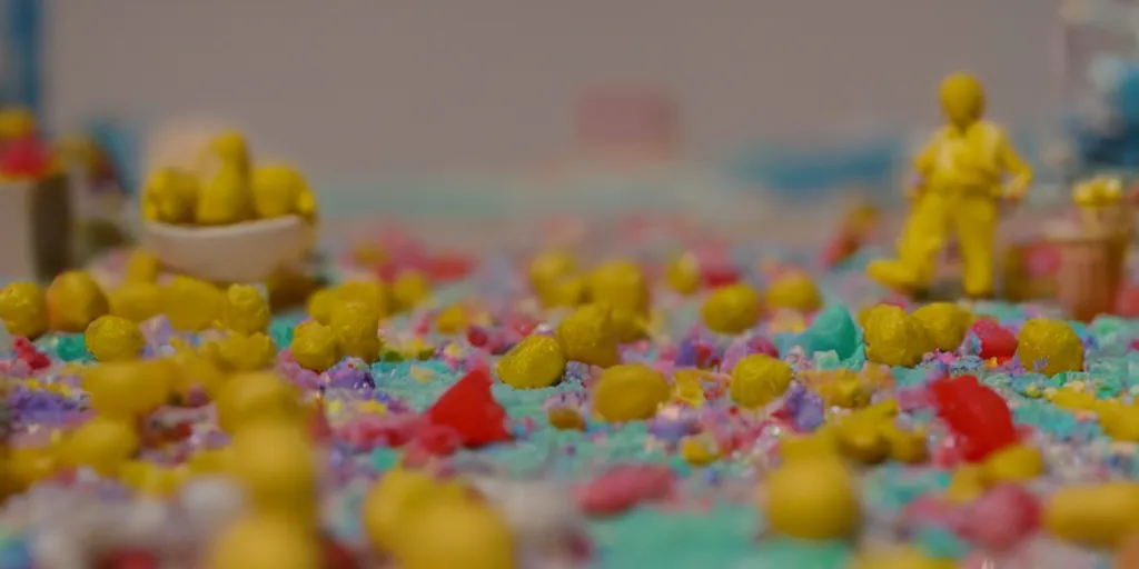 Image similar to a cinematic film still of a claymation stop motion film about a town made of lemons and candy, shallow depth of field, 8 0 mm, f 1. 8