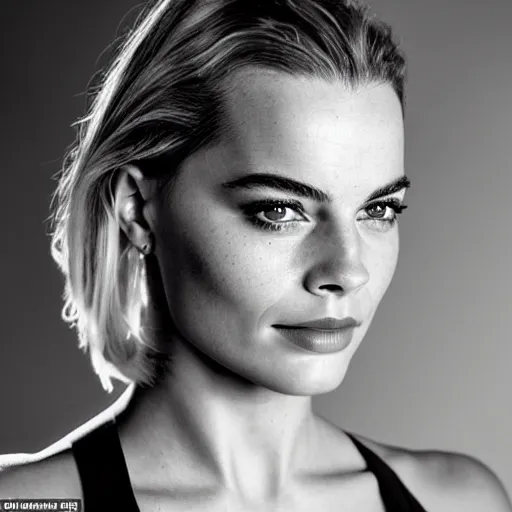 Image similar to a woman who is a genetic combination of margot robbie and emma watson face and upper - body focus