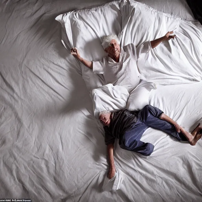 Image similar to a 7 0 year old white haired man lays on a bed, a transparent iridescent figure levitates above him, by clemens ascher, canon eos c 3 0 0, ƒ 1. 8, 3 5 mm, 8 k, medium - format print