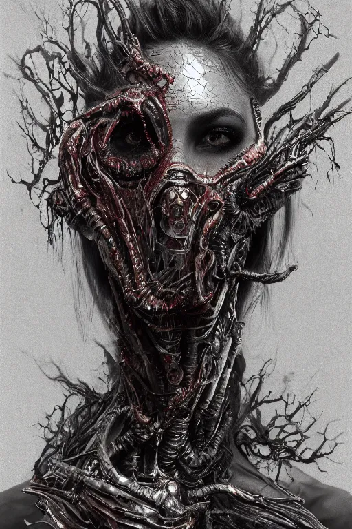 Image similar to realistic portrait of beautifully crystalized and detailed portrait of a biomech zombie woman wearing a gasmask, matte painting of cinematic movie scene red dragon, horror, created by gustave dore and greg rutkowski, high detailed, smooth draw, synthwave neon retro, intricate, realistic proportions, dramatic lighting, trending on artstation.