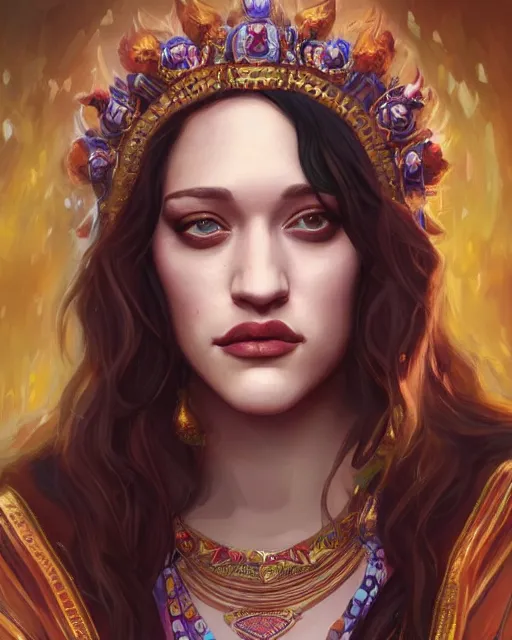 Prompt: a stunning portrait of Kat Dennings as an ancient hindu priestess, digital art by Ross Tran and Angel Ganev, highly detailed, trending on artstationhq