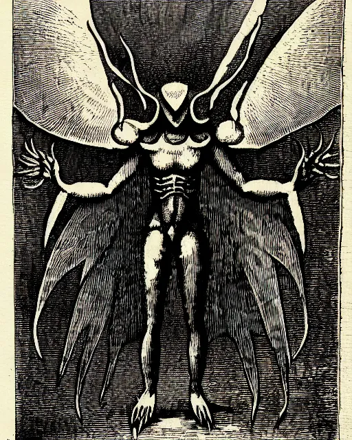 Image similar to illustration of mothman as a demon from the dictionarre infernal, etching by louis le breton, 1 8 6 9, 1 2 0 0 dpi scan, ultrasharp detail, clean scan