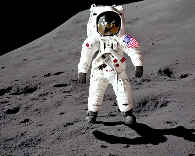 Image similar to old picture of the first shiba on the moon, astronaut suit, 9 0's photograph, black and white