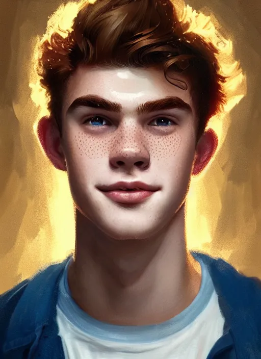 Image similar to portrait of teenage archie andrews, freckles, curly middle part haircut, curly hair, smiling kindly, intricate, elegant, glowing lights, highly detailed, digital painting, artstation, concept art, smooth, sharp focus, illustration, art by wlop, mars ravelo and greg rutkowski