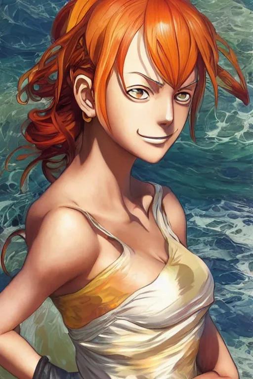 Image similar to portrait of Nami from One Piece, highly detailed, digital painting, artstation, concept art, sharp focus, illustration, art by artgerm and greg rutkowski and alphonse mucha, in the style of One Piece