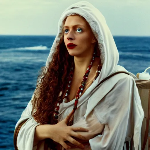 Image similar to a woman curled up in a ball on the deck of a ship, a beautiful english woman with a long face narrow nose pale skin blue eyes red lips and wild messy tangles of curly white blonde hair, high resolution film still wearing a black robe and skull necklace and holding a spear, sandy, a journey to the west