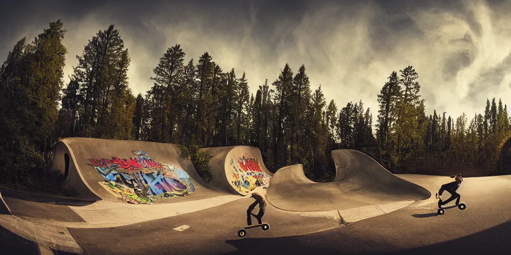 Image similar to a beautiful matte painting of a skateboarder gliding past graffiti, kick flip, village setting, log homes, dirt road, trees, fisheye lens, by Mikko Lagerstedt and Paul Lehr