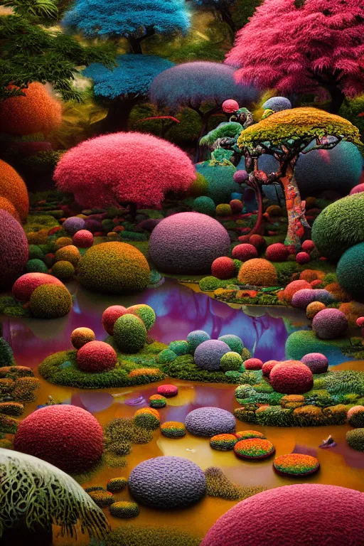 Image similar to japanese psychedelic garden, part by robert beatty, part by james jean, part by ross tran, part by jacek yerka, part by leslie zhang, surreal, highly detailed, beautiful detailed intricate insanely detailed octane render trending on artstation, 8 k artistic photography, photorealistic, volumetric cinematic light, chiaroscuro