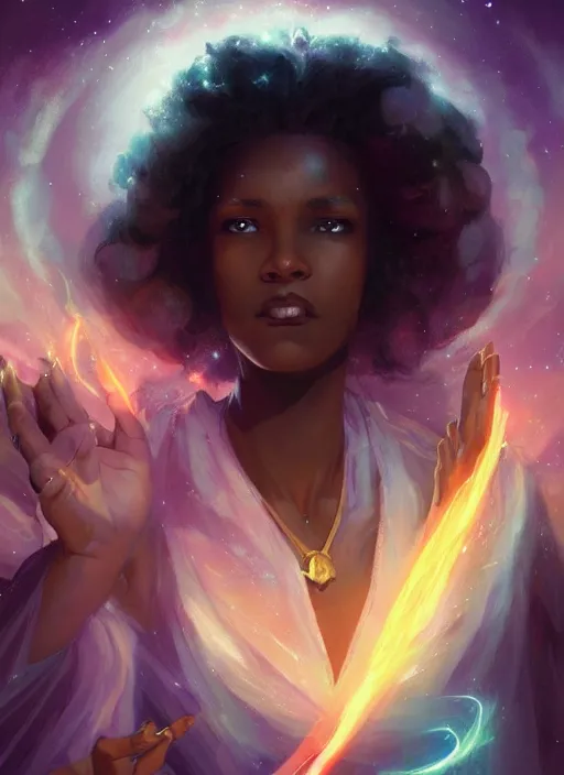 Image similar to beautiful black woman casting magical spells and using powers, digital illustration artstation, concept art, matte, sharp focus, illustration, dramatic exploding nebulae, hearthstone, art by artgerm and greg rutkowski and alphonse mucha