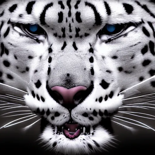 Prompt: photorealistic snow leopard. hyperdetailed photorealism, 1 0 8 megapixels, amazing depth, high resolution, 3 d shading, 3 d finalrender, 3 d cinematic lighting, glowing rich colors, psychedelic overtones, artstation concept art.