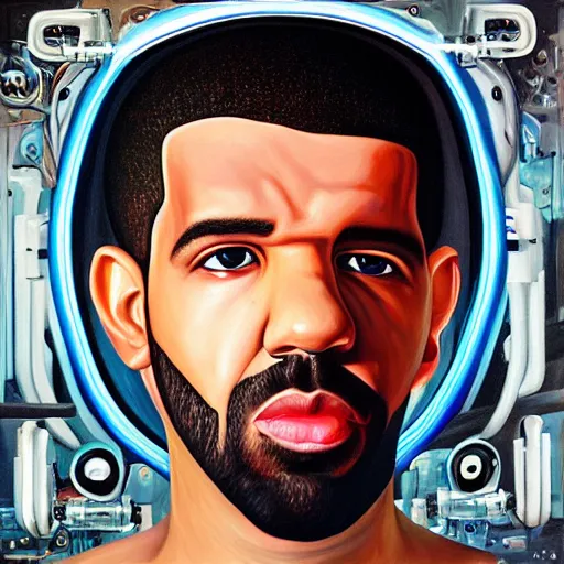 Image similar to a realistic oil painting of drake as a cybernetic cyborg, surrealism portrait, surrealism album cover