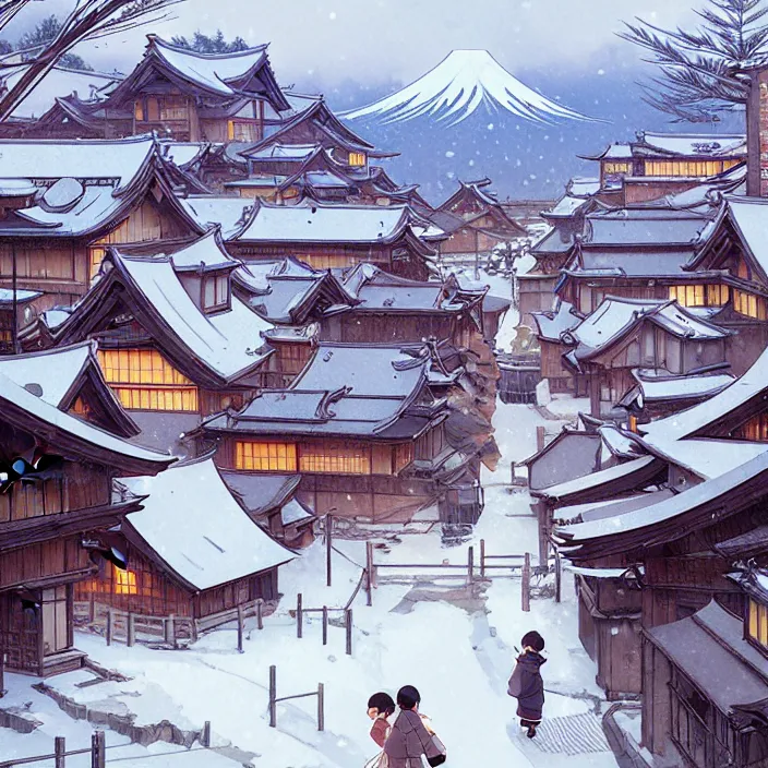 Image similar to japanese rural town, winter, in the style of studio ghibli, j. c. leyendecker, greg rutkowski, artem