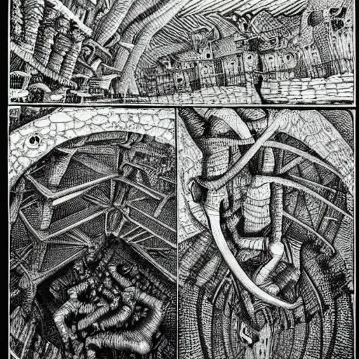 Image similar to insane etching by Mauritius Escher, highly detailed