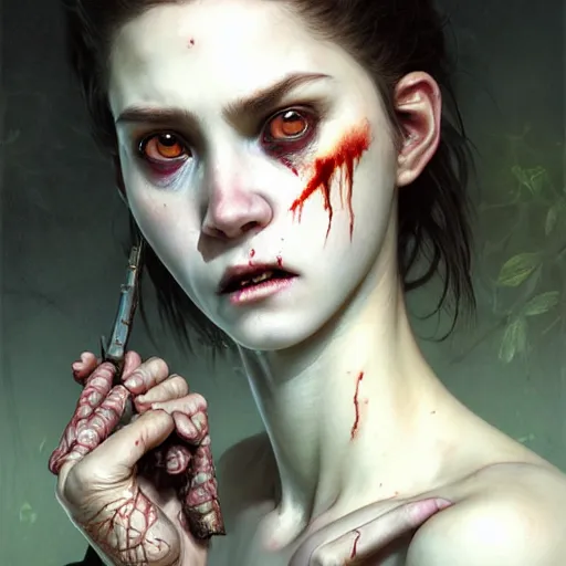 Image similar to portrait painting of horrifyingly disfigured vampire girl wearing battered vietnam fatigues, ultra realistic, concept art, intricate details, eerie, highly detailed, photorealistic, octane render, 8 k, unreal engine. art by artgerm and greg rutkowski and charlie bowater and magali villeneuve and alphonse mucha