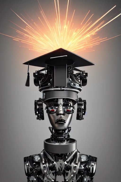 Image similar to a portrait photo of a extremely detailed beautiful robot graduating wearing a graduation hat. realism. concept art. unreal engine 5, f / 1. 8, v - ray ultra hd, 8 k, graduation photo