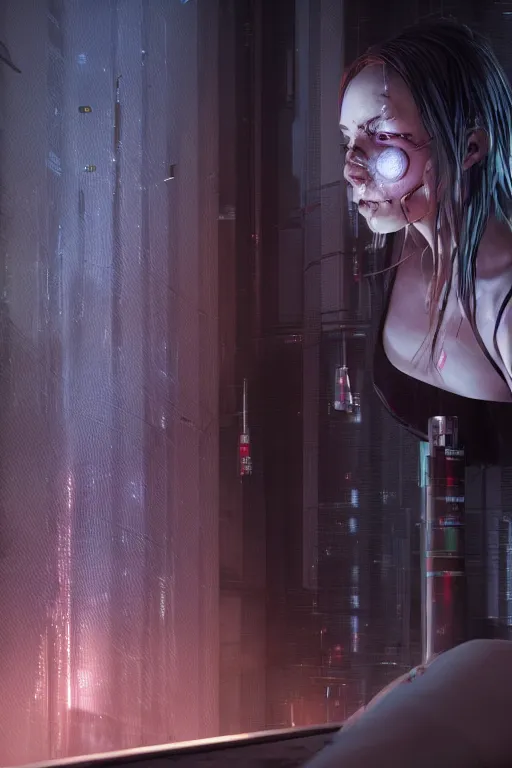 Image similar to a cyberpunk woman awakening from a test tube, opening her eyes for the first time, conceiving the dystopian world around her, illustrated by greg rutkowski, roger magrini, richard mortensen and leticia gillett, dramatic lighting, envious atmosphere, daz 3 d, unreal engine 5, cgsociety contest winner, 4 k