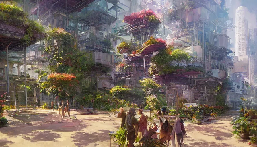 Image similar to craig mullins and ghibli digital illustration tall vertical farms, hydroponics, solarpunk, colorful, unreal engine, hyper realism, realistic shading, cinematic composition, realistic render, octane render, detailed textures, photorealistic, wide shot