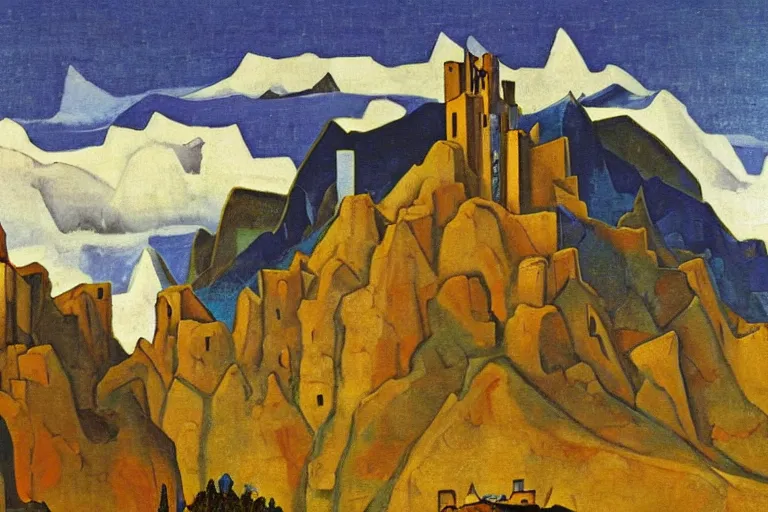 Prompt: A oil painting of a castle in the mountains by Nicholas Roerich, by Georgia o Keeffe, by Gustave Moreau